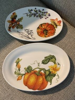 EFFETTI Fall Floral Pumpkin Set of 2 Oval Ceramic Dishes Plates Italian